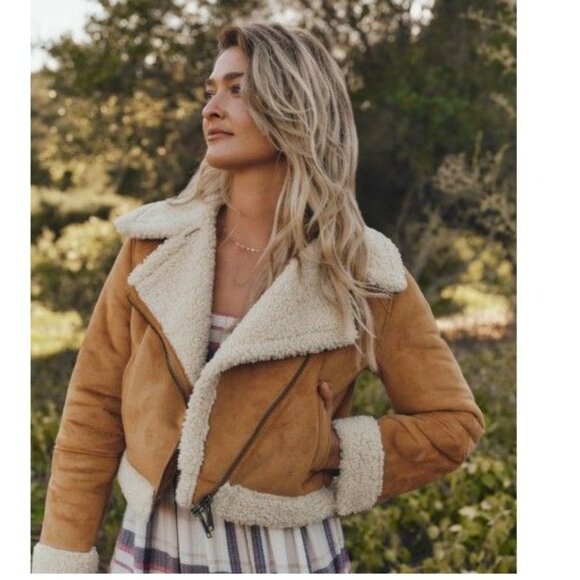 Marine Layer Sherpa Moto Jacket Vegan Suede & Sherpa in Chestnut Size Large NEW! - Picture 1 of 14